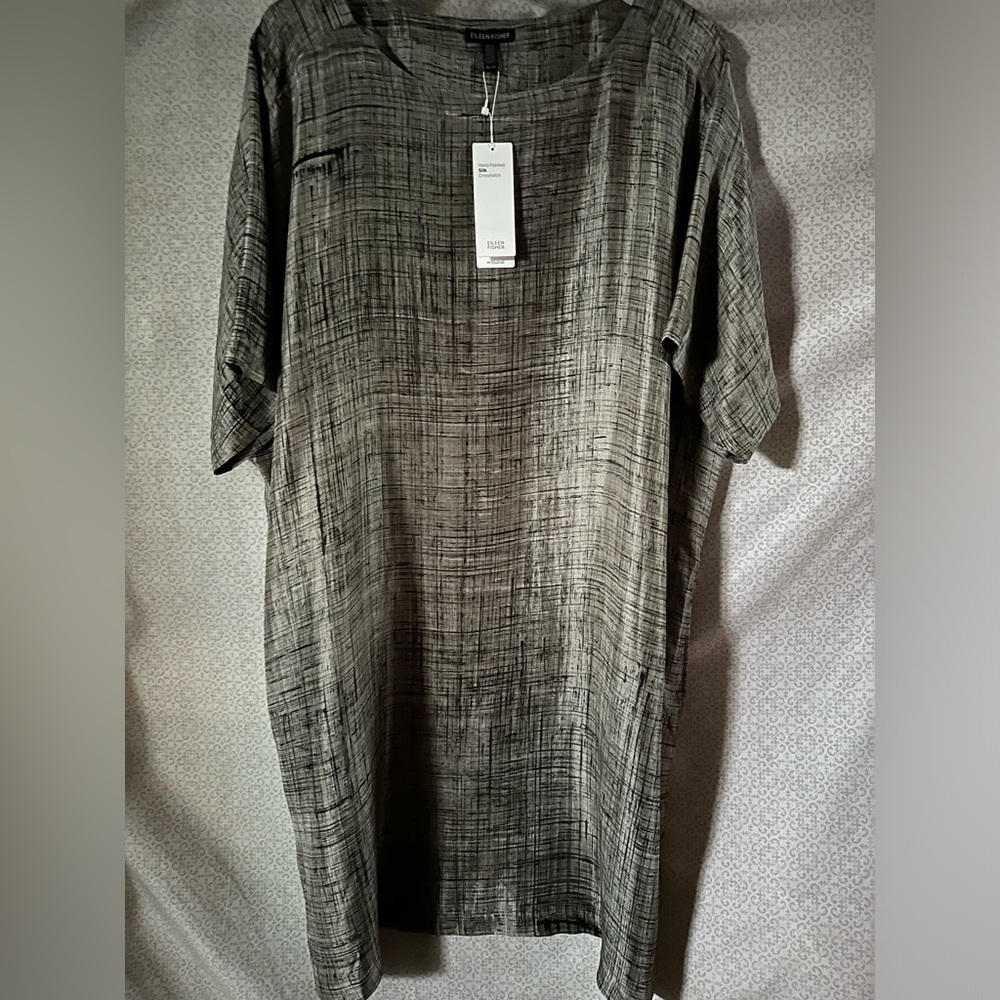 Artisanal  Eileen Fisher Black and Gray Handpainted
 Crosshatch Silk Dress